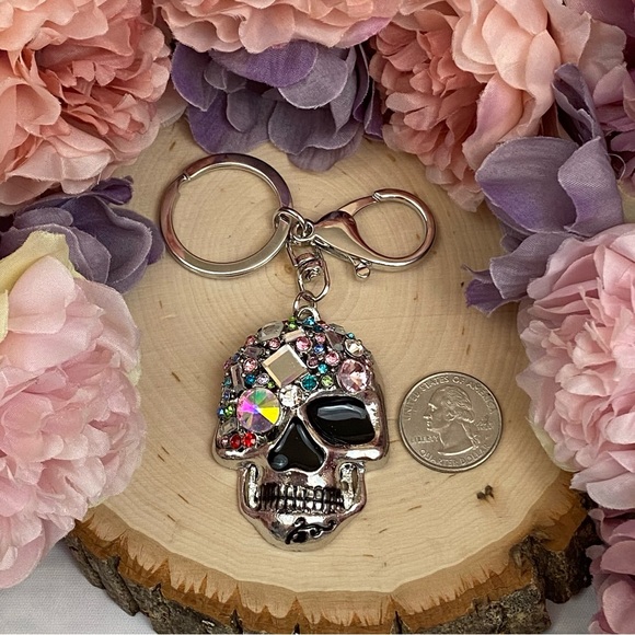 Multicolored Crystal & Silver Skull Keychain Charm - Picture 14 of 14